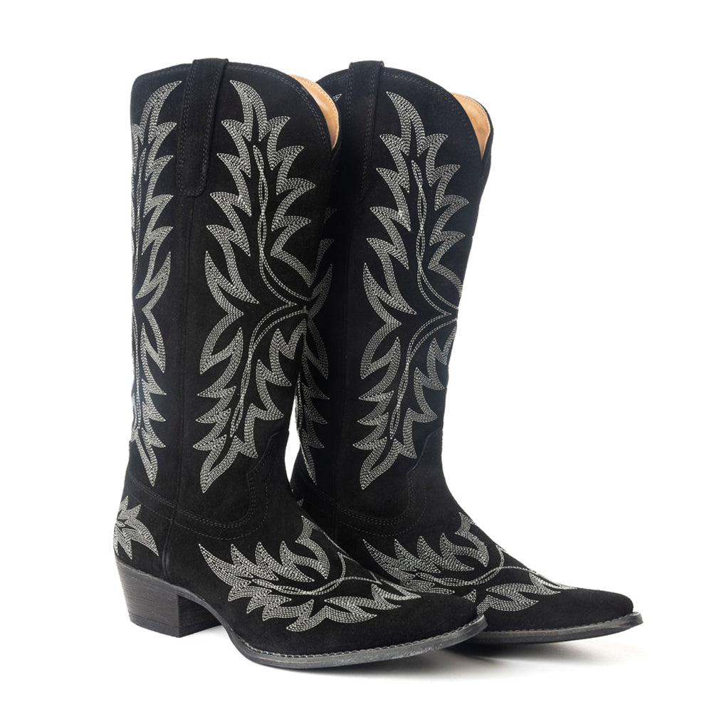 Midnight Trail Embroidered Leather Boots in Shadow Black - Myra USA