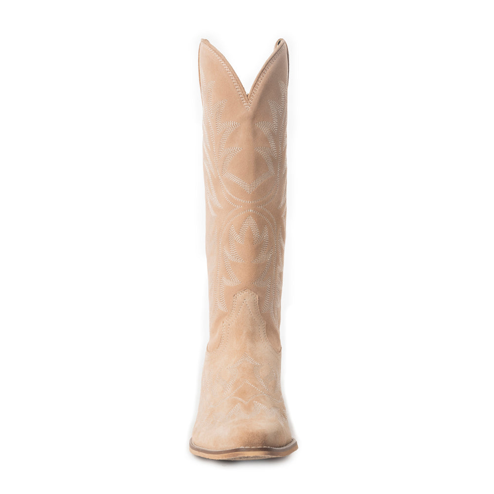 Midnight Trail Embroidered Leather Boots in Shadow Beige