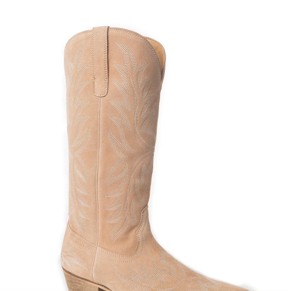 Midnight Trail Embroidered Leather Boots in Shadow Beige