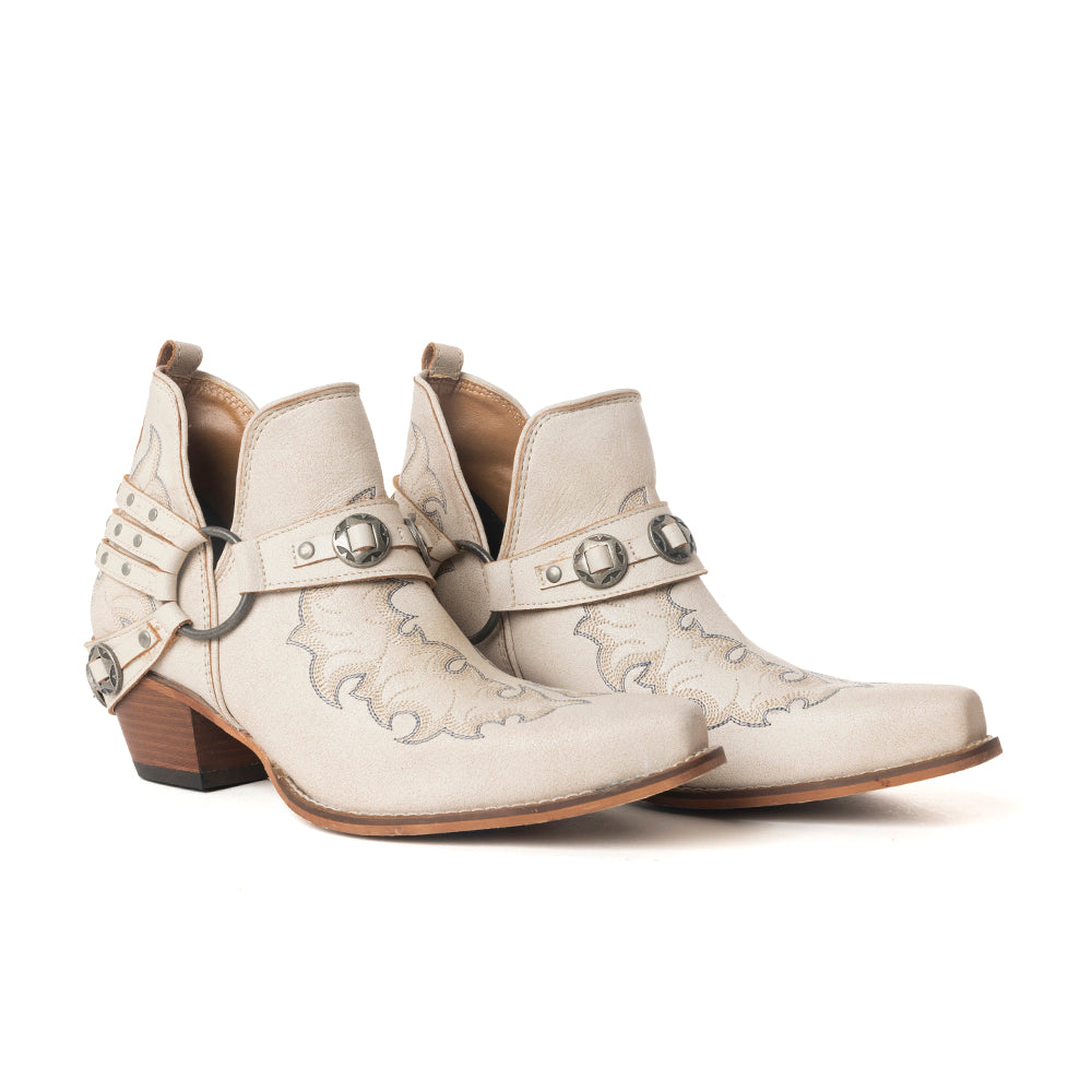 Western Ember Leather Embroidered Booties in White
