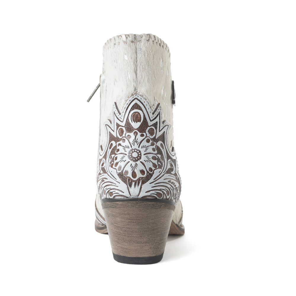 Myra Sierra Belle Handtooled Leather Booties in Almond White - Myra USA