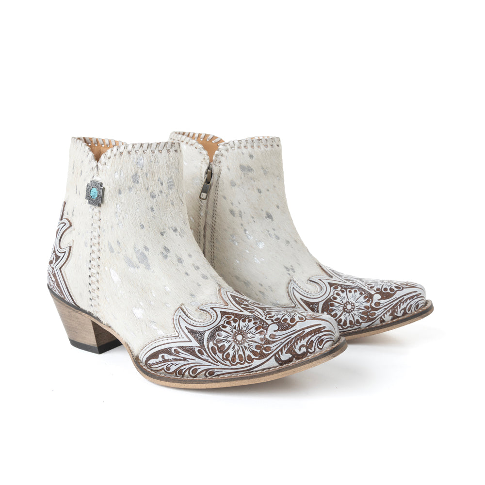 Myra Sierra Belle Handtooled Leather Booties in Almond White - Myra USA