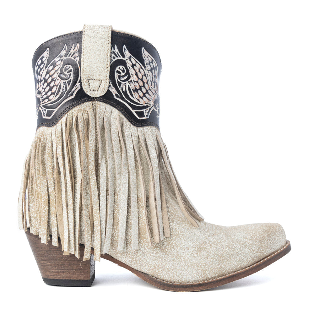 Canyon Night Bird Fringe Booties in Cream - Myra USA