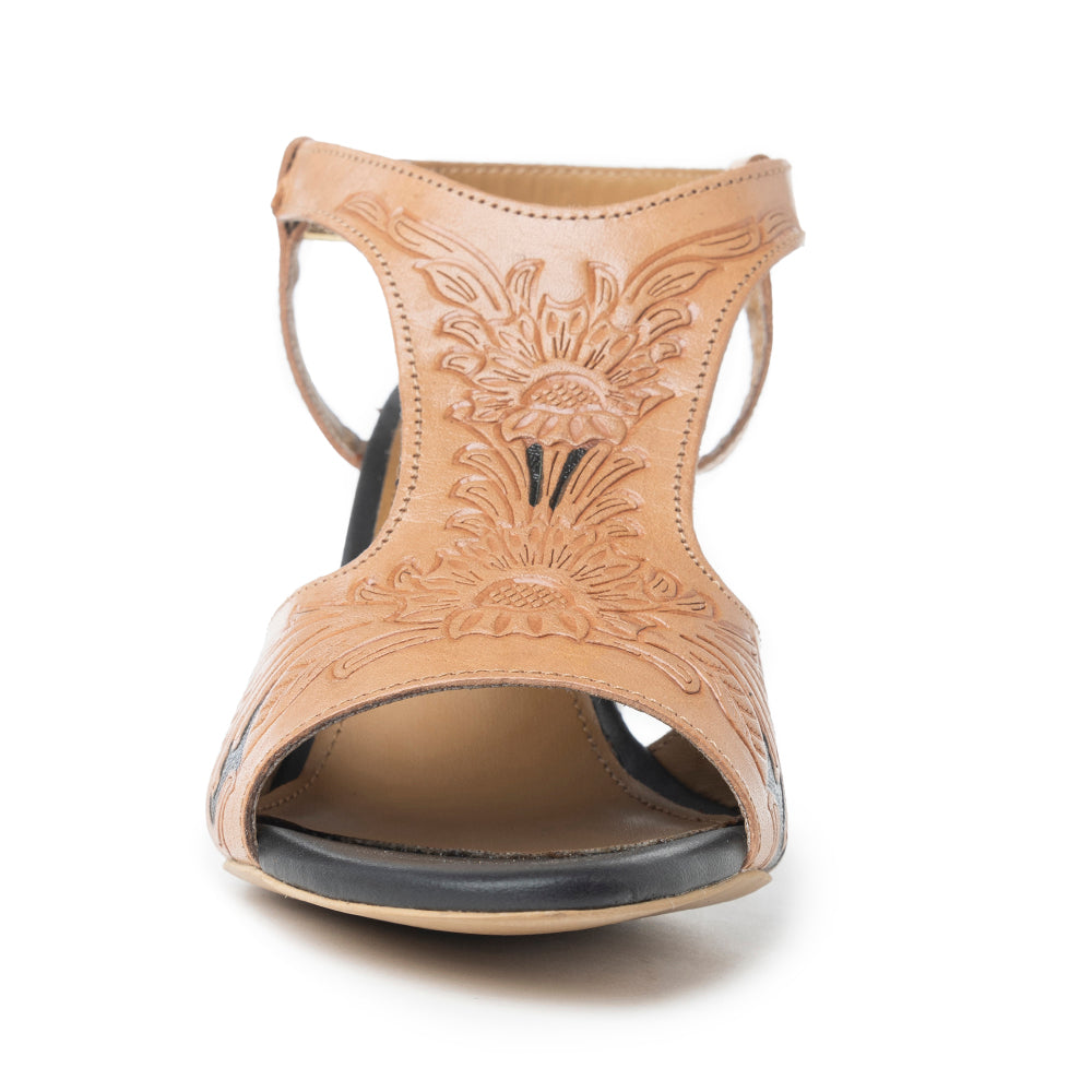 Rodeo Rose Handtooled Leather Heels in Amber Brown - Myra USA