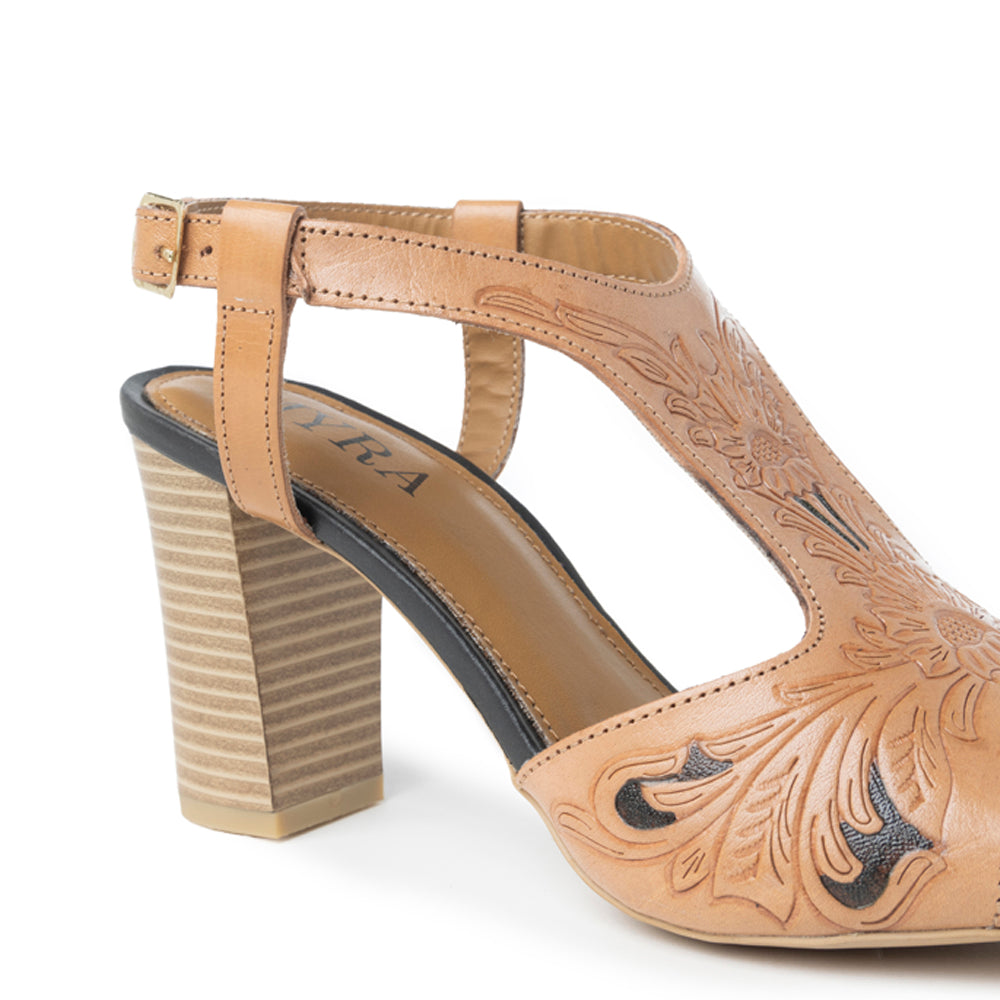 Rodeo Rose Handtooled Leather Heels in Amber Brown - Myra USA