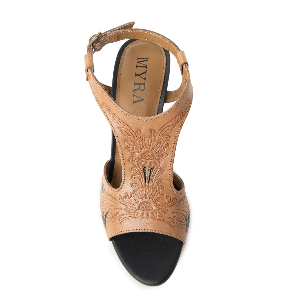Rodeo Rose Handtooled Leather Heels in Amber Brown - Myra USA