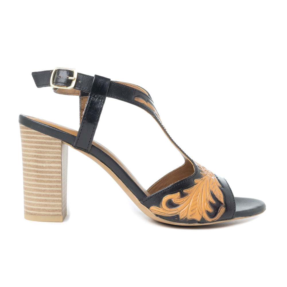 Rodeo Rose Handtooled Leather Heels in Natural Brown - Myra USA