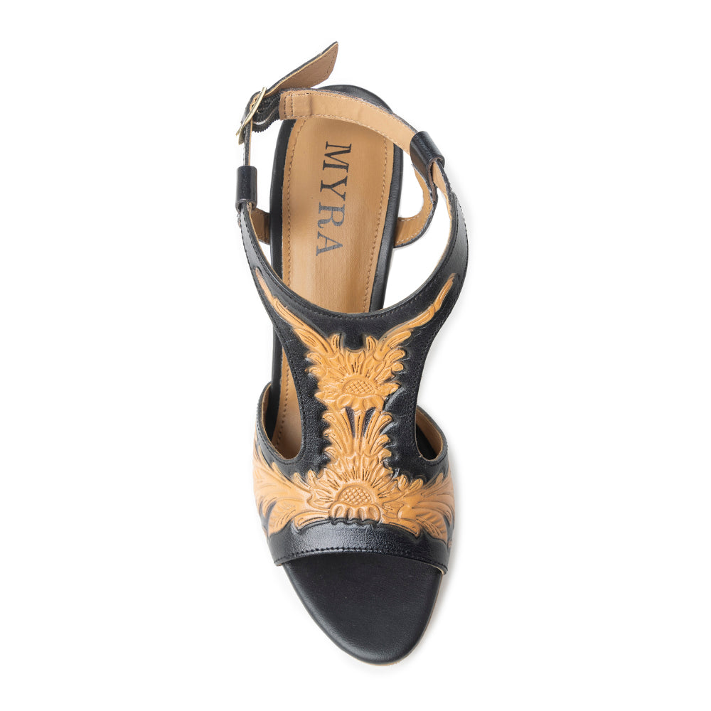 Rodeo Rose Handtooled Leather Heels in Natural Brown - Myra USA