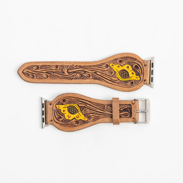 Lone Star Handtooled Leather Watch Band in Antique Tan - Myra USA