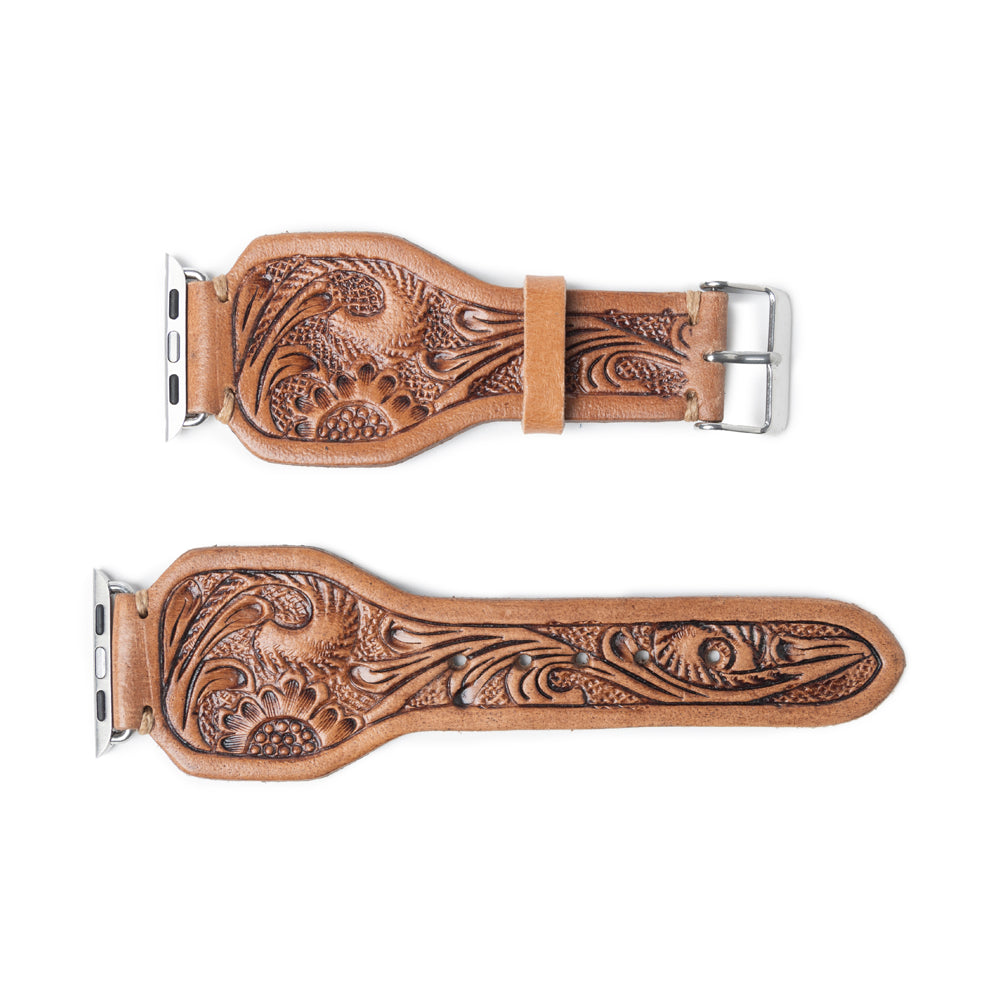 Lone Star Handtooled Leather Watch Band in Antique Saddle Brown - Myra USA