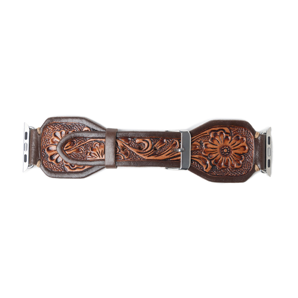 Lone Star Handtooled Leather Watch Band in Antique Mahogany - Myra USA