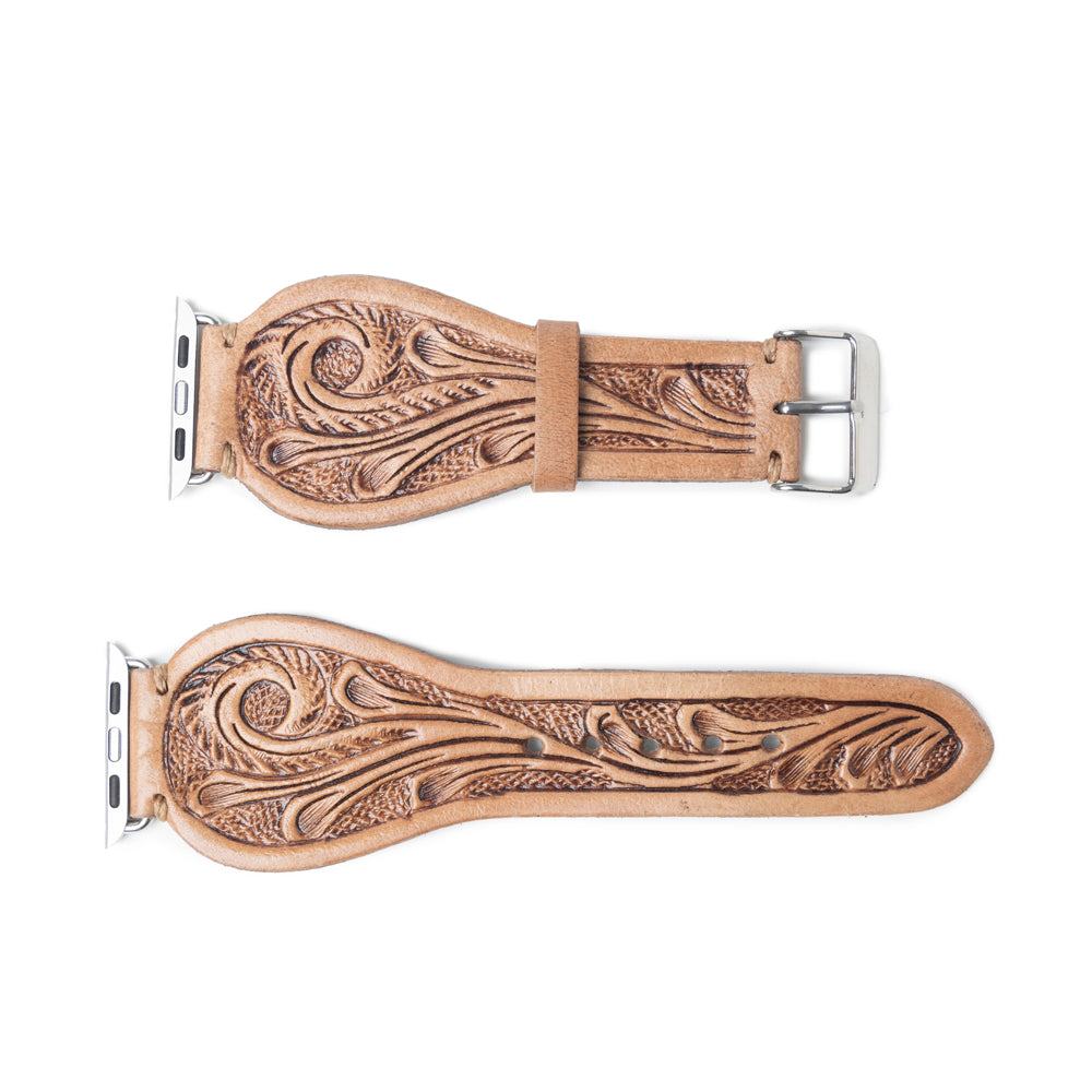 Lone Star Handtooled Leather Watch Band in Light Saddle Tan - Myra USA