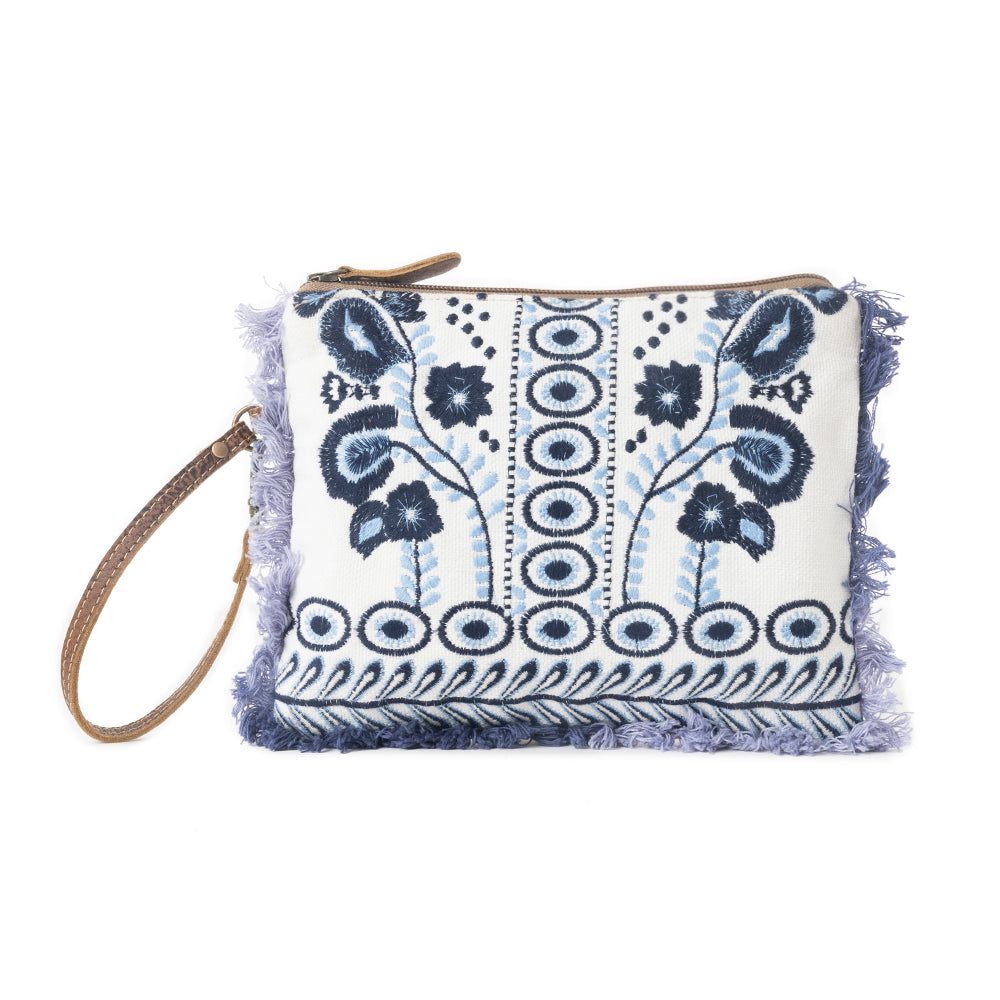Mynora Sky Embroided Pouch in Artisanal Blue - Myra USA