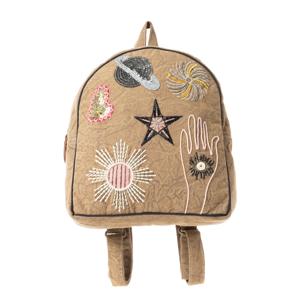 Boho Cosmic Upcycled Canvas Backpack in Vintage Taupe - Myra USA