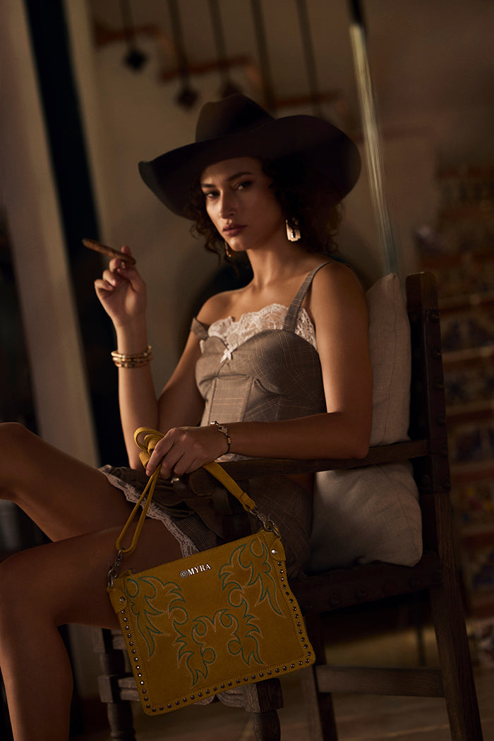 Texas Rose Western Embroidered Leather Bag in Yellow - Myra USA