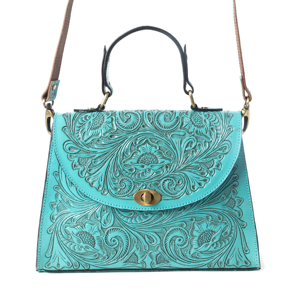 Savannah Scroll Handtooled Leather Bag in Turquoise - Myra USA