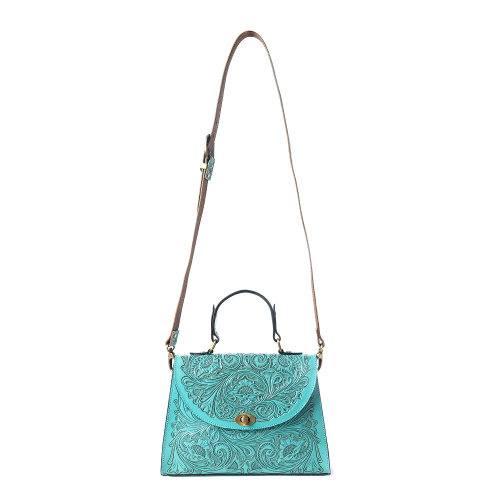 Savannah Scroll Handtooled Leather Bag in Turquoise - Myra USA
