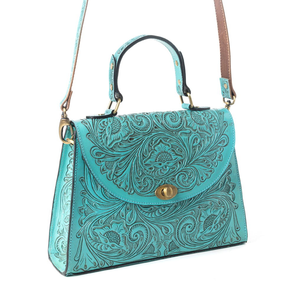 Savannah Scroll Handtooled Leather Bag in Turquoise - Myra USA