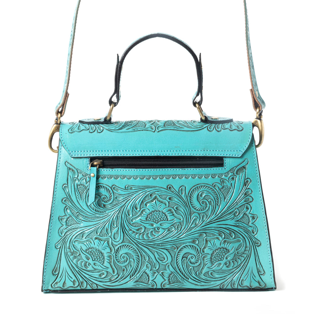 Savannah Scroll Handtooled Leather Bag in Turquoise - Myra USA