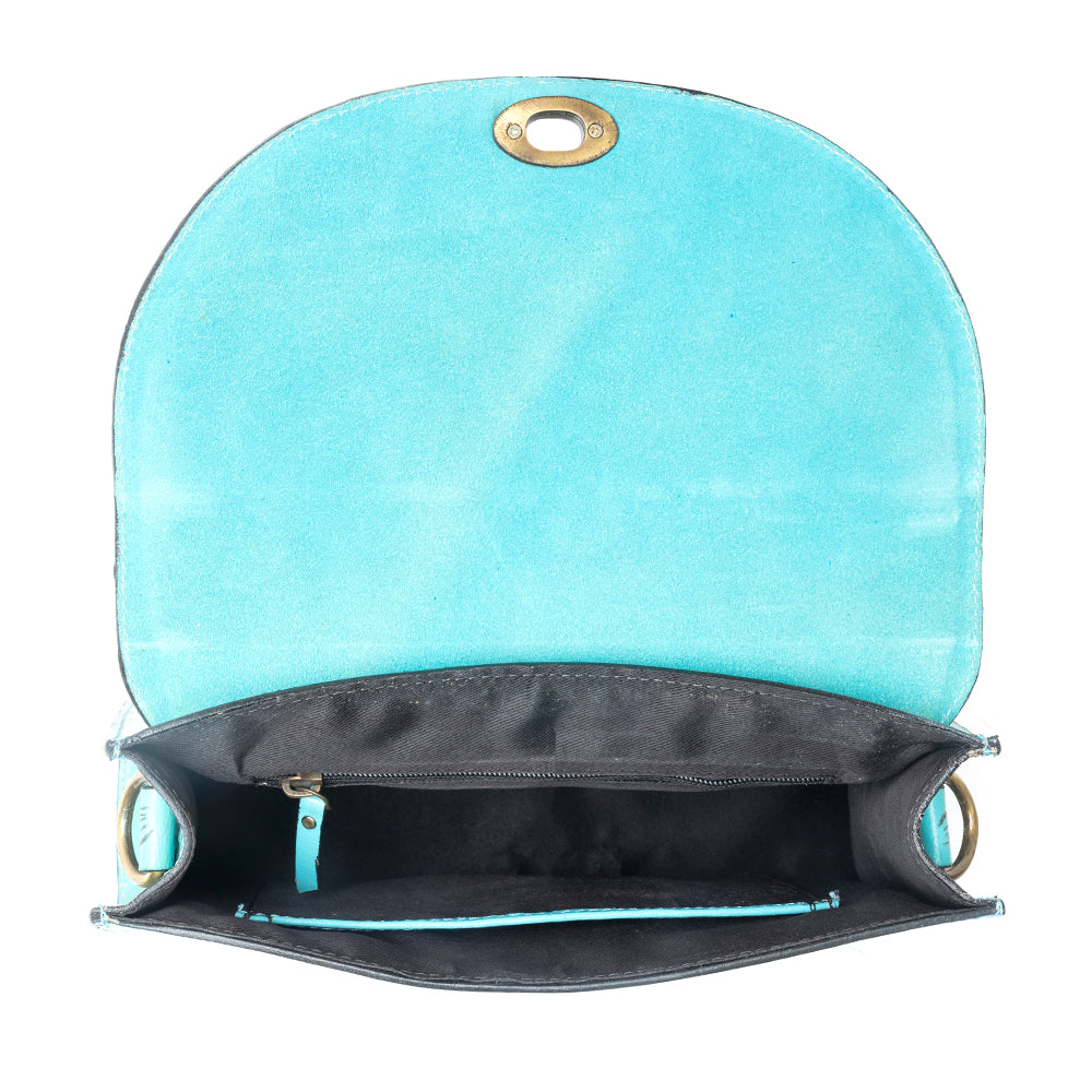 Savannah Scroll Handtooled Leather Bag in Turquoise - Myra USA