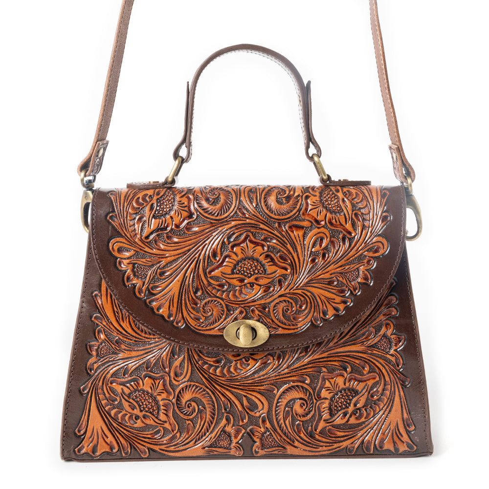 Savannah Scroll Handtooled Leather Bag in Dark Brown - Myra USA