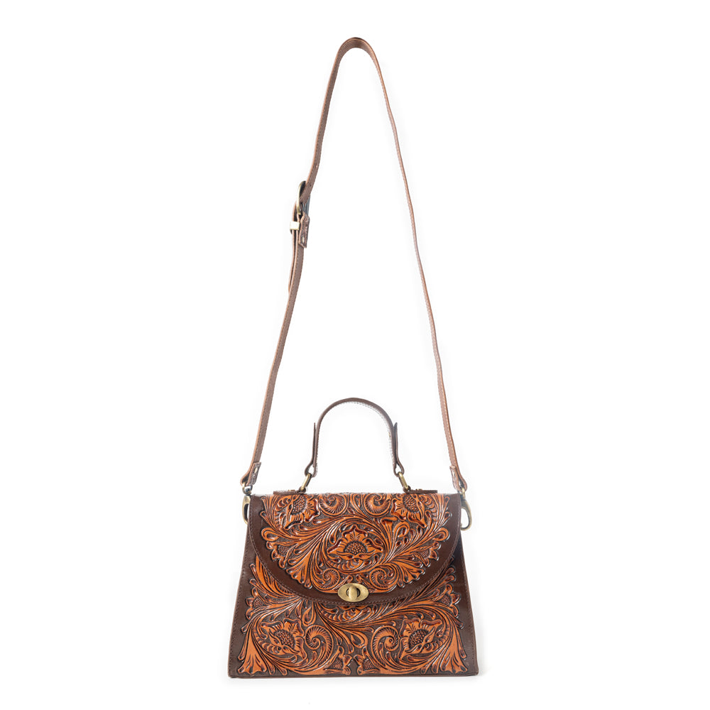 Savannah Scroll Handtooled Leather Bag in Dark Brown - Myra USA