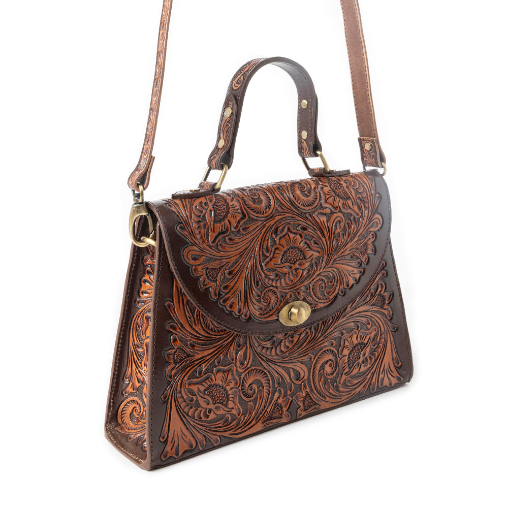 Savannah Scroll Handtooled Leather Bag in Dark Brown