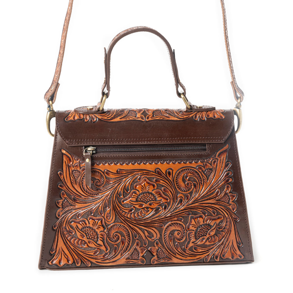 Savannah Scroll Handtooled Leather Bag in Dark Brown - Myra USA