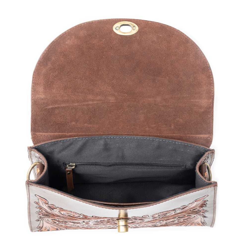Savannah Scroll Handtooled Leather Bag in Dark Brown - Myra USA