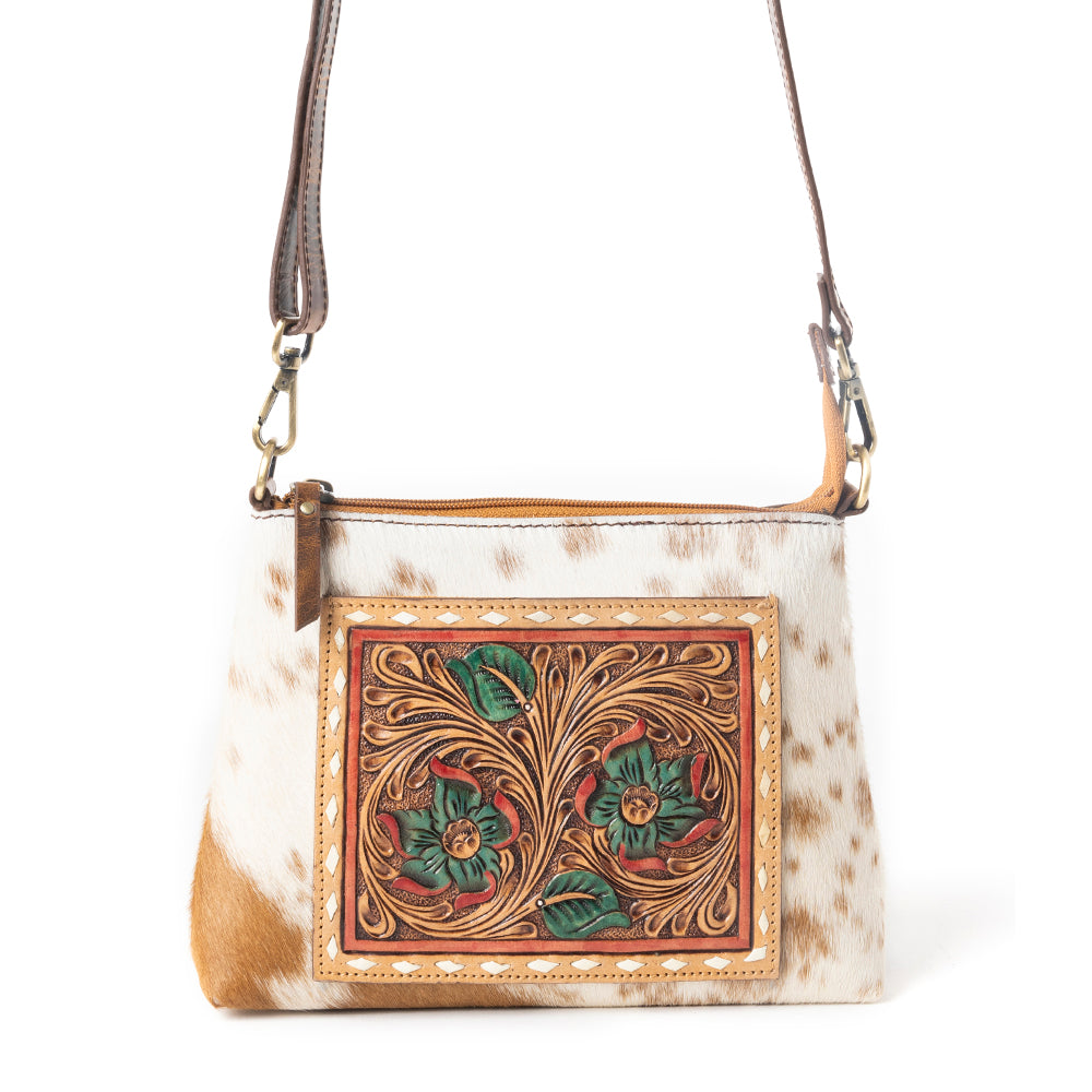 Santa Fe Bloom Handtooled Bag in Rustic Hide & Ivory - Myra USA