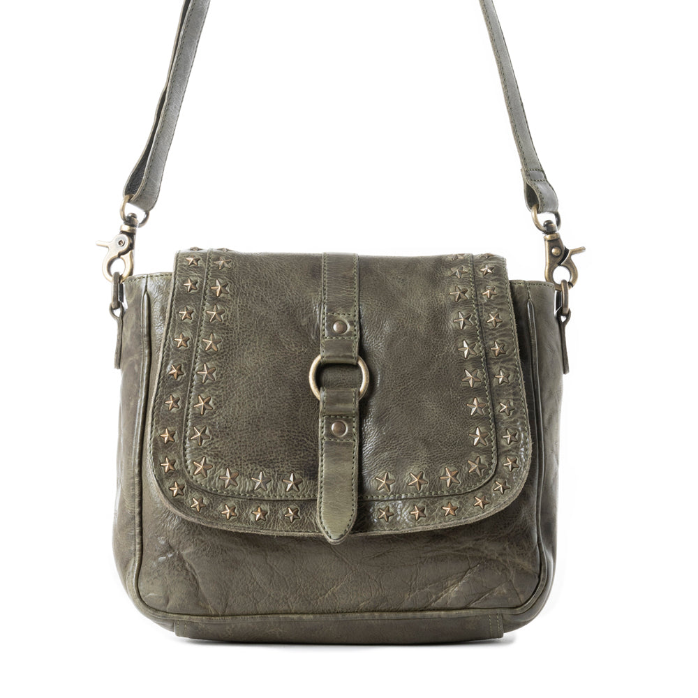 Western Scout Leather Crossbody Bag in Olive - Myra USA
