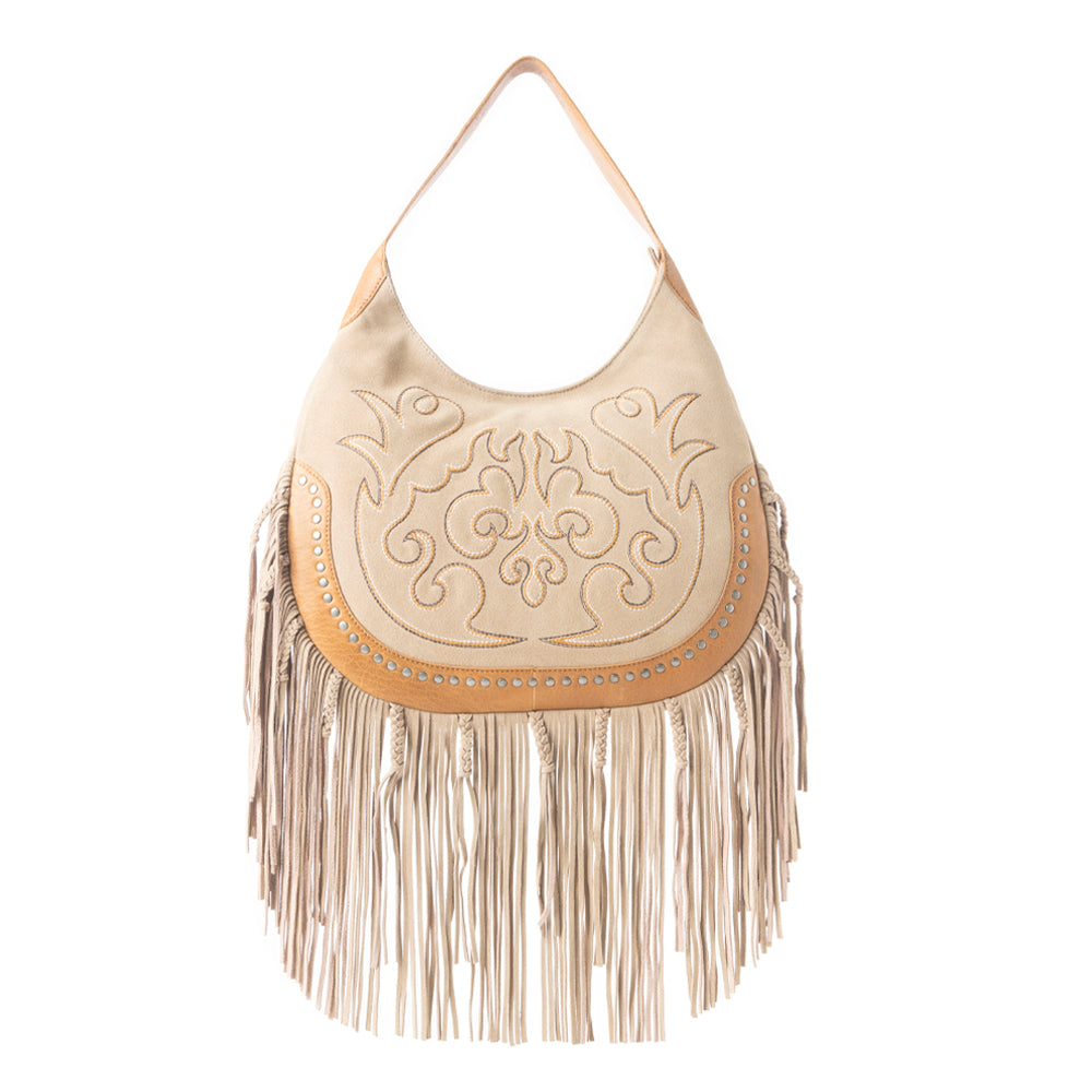 Sage Whisper Fringe Leather Bag in Beige - Myra USA