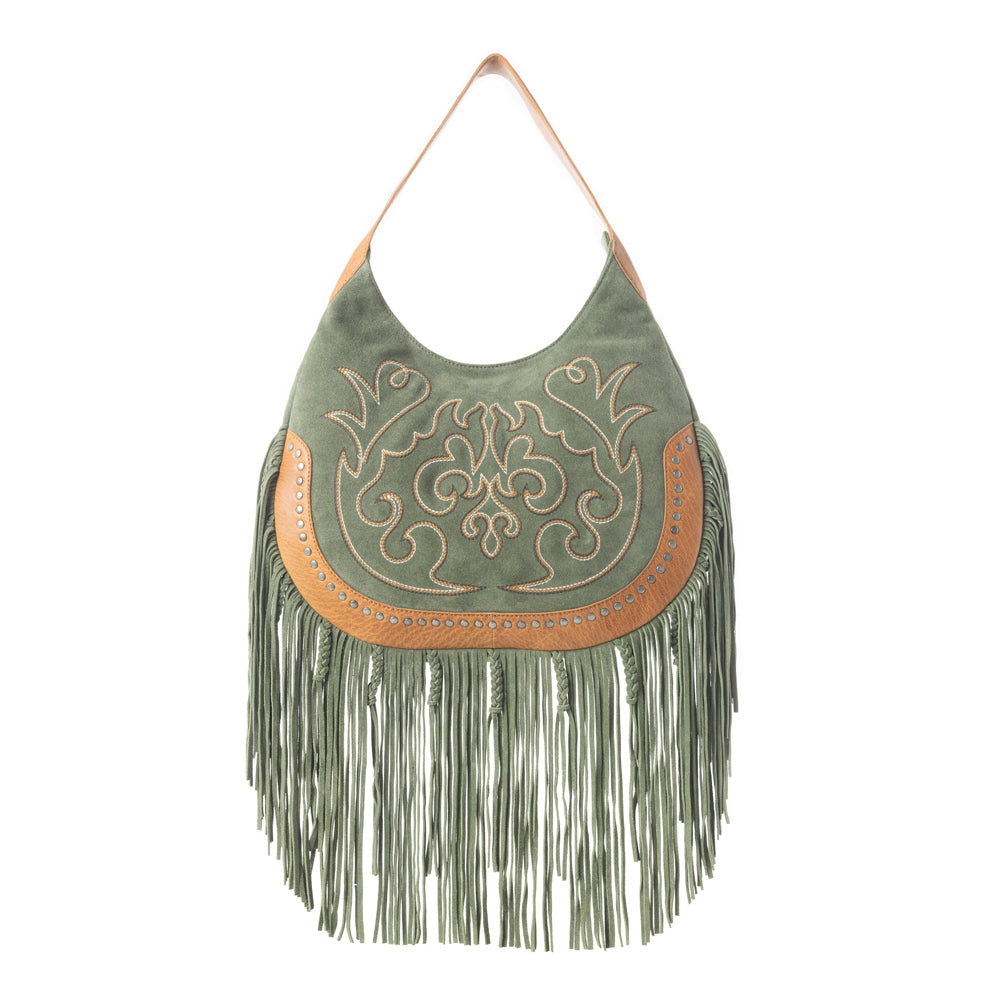 Sage Whisper Fringe Leather Bag in Green - Myra USA