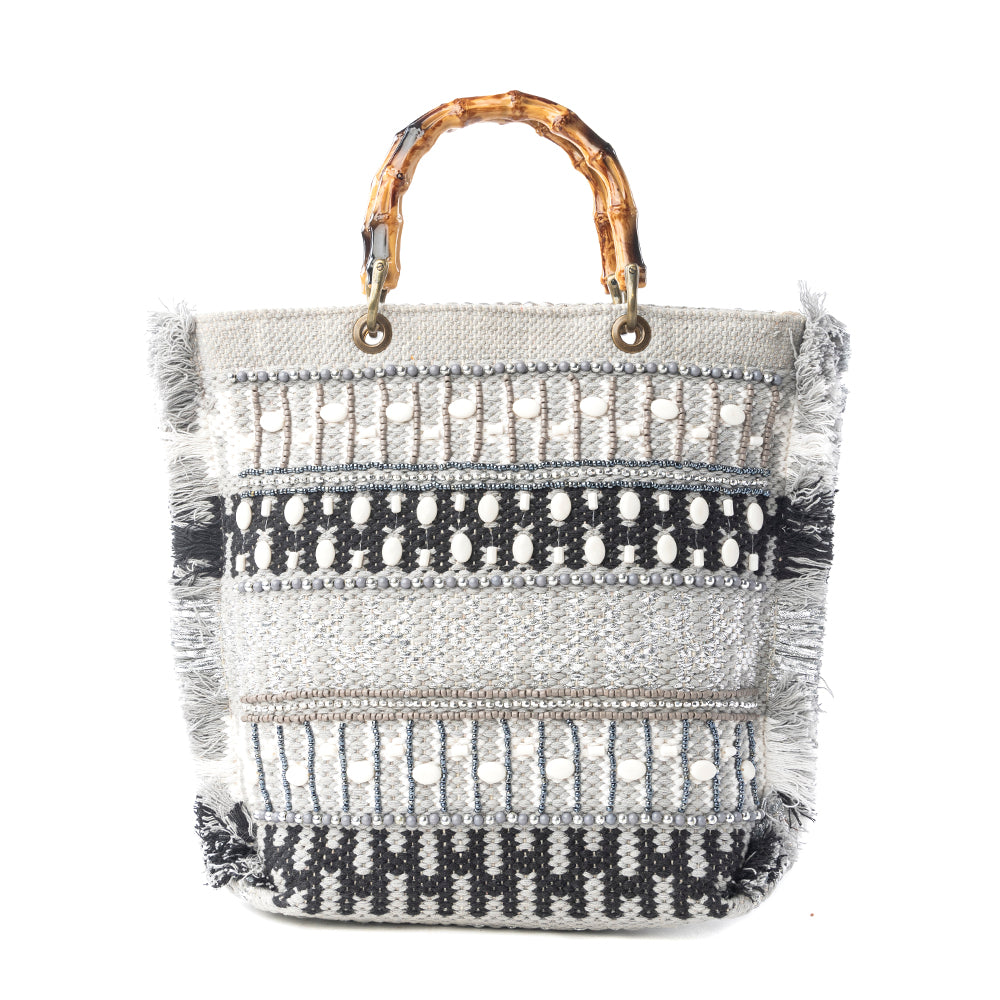 Myra Tundra Trail Hand Embroidered Tote Bag in Silver Dune - Myra USA