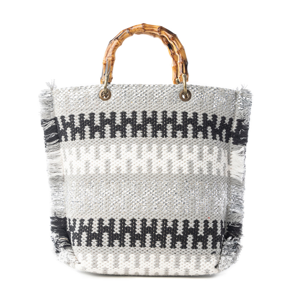 Myra Tundra Trail Hand Embroidered Tote Bag in Silver Dune