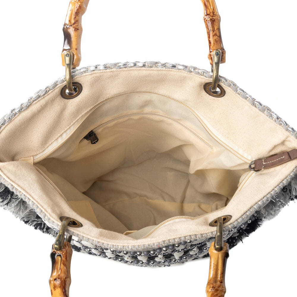 Myra Tundra Trail Hand Embroidered Tote Bag in Silver Dune