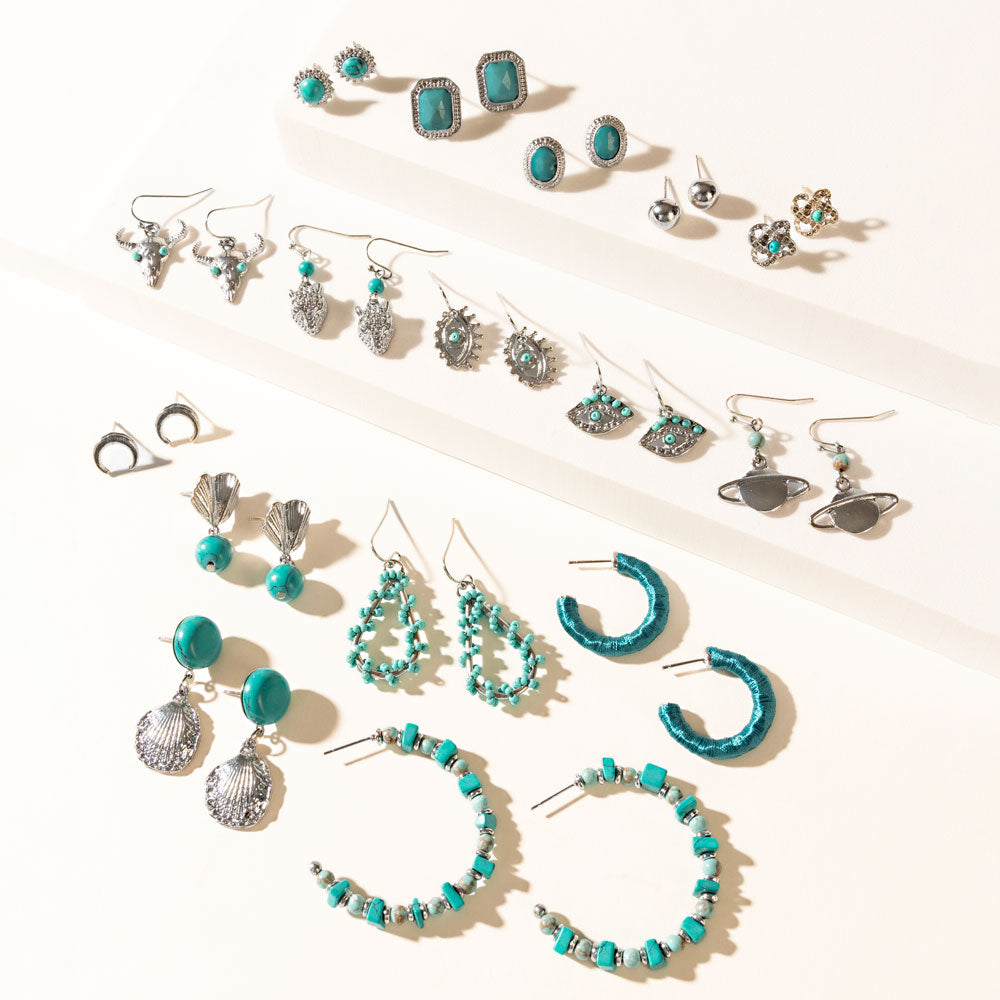 Turquoise Trails & Silver Tales Set of 16 Earrings - Myra USA
