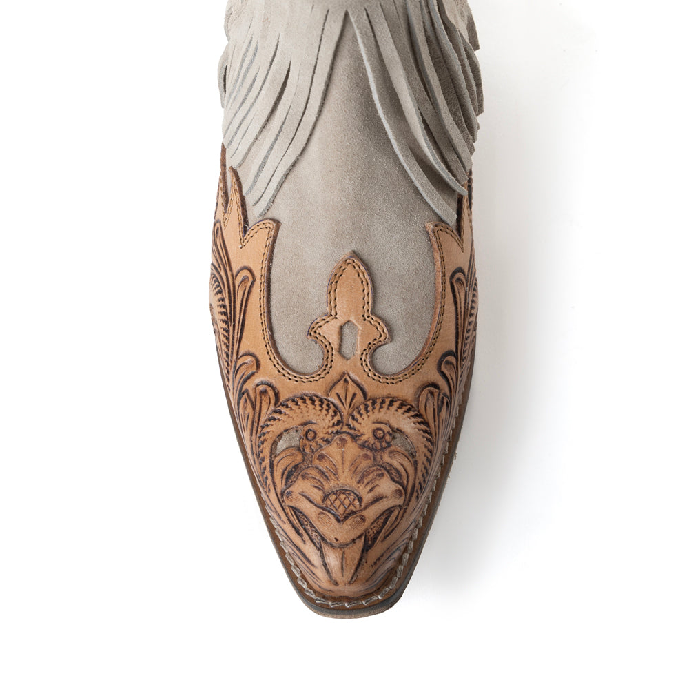 Myra Cimarron Belle Fringed Handtooled Leather Booties in Wild Tan - Myra USA