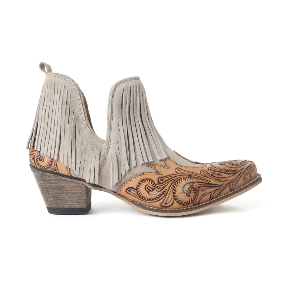 Myra Cimarron Belle Fringed Handtooled Leather Booties in Wild Tan - Myra USA
