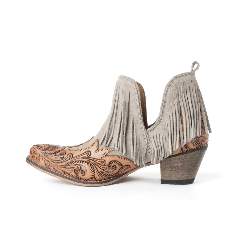 Myra Cimarron Belle Fringed Handtooled Leather Booties in Wild Tan - Myra USA