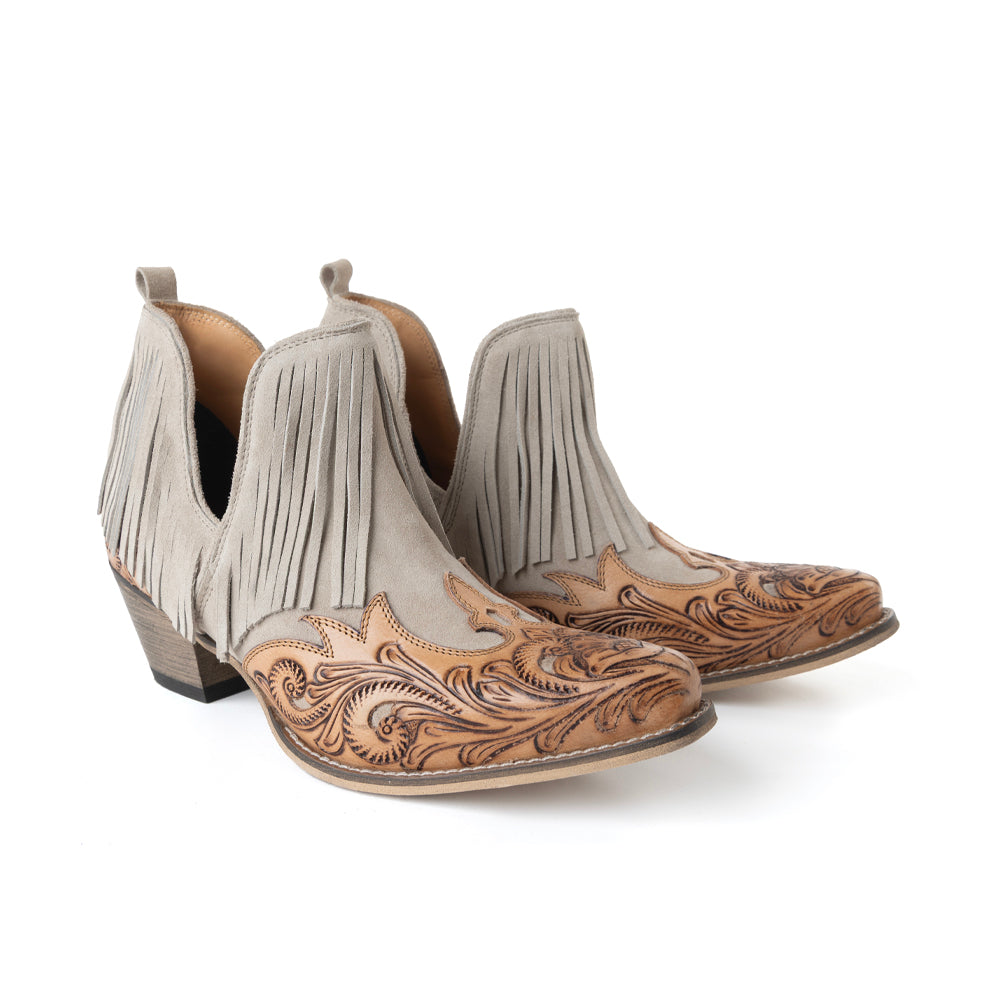 Myra Cimarron Belle Fringed Handtooled Leather Booties in Wild Tan - Myra USA