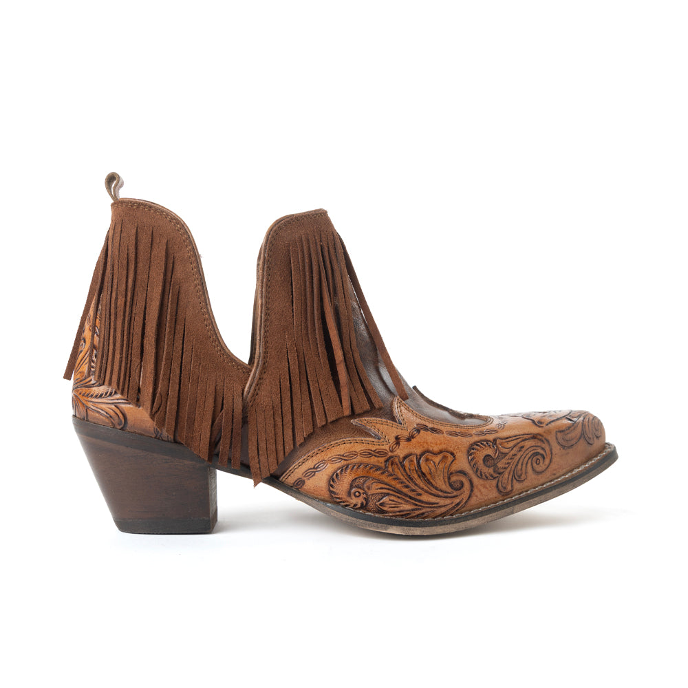 Myra Wild Ember Fringed Handtooled Leather Booties in Golden Rust - Myra USA