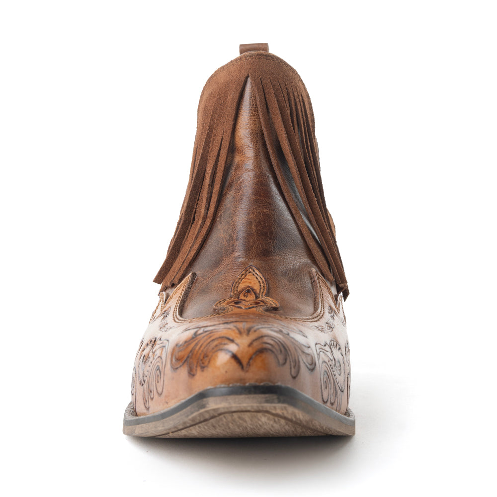 Myra Wild Ember Fringed Handtooled Leather Booties in Golden Rust - Myra USA