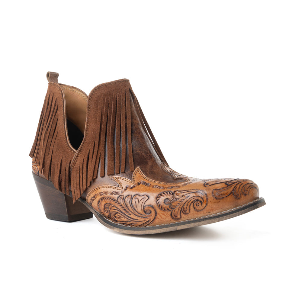 Myra Wild Ember Fringed Handtooled Leather Booties in Golden Rust - Myra USA