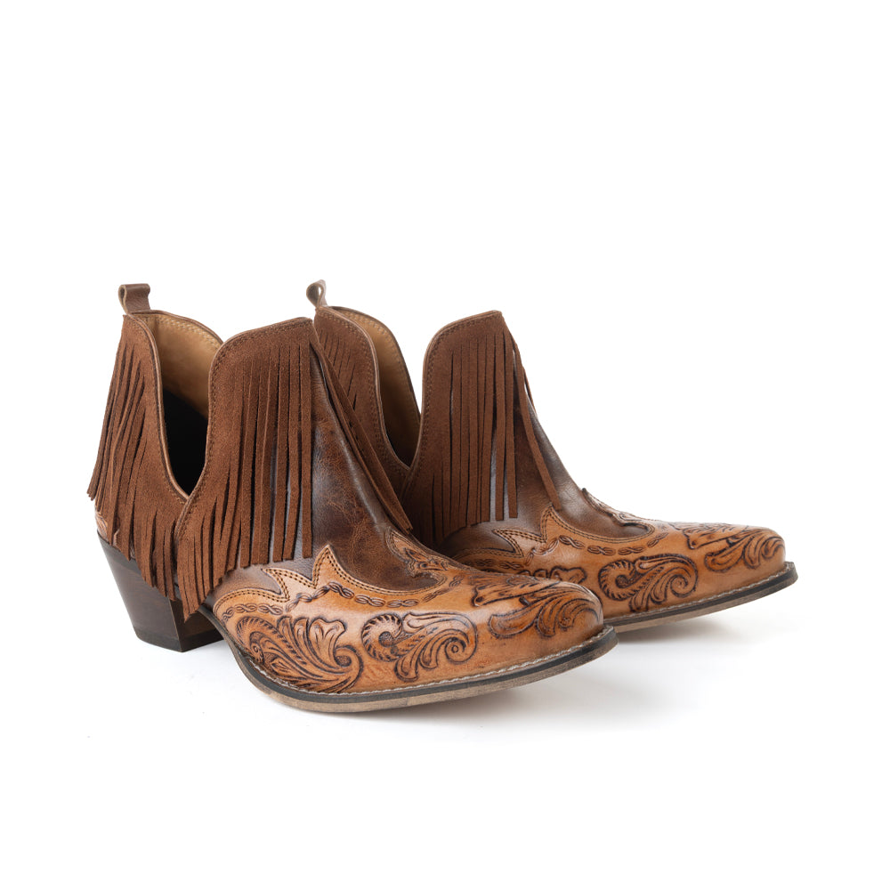 Myra Wild Ember Fringed Handtooled Leather Booties in Golden Rust - Myra USA