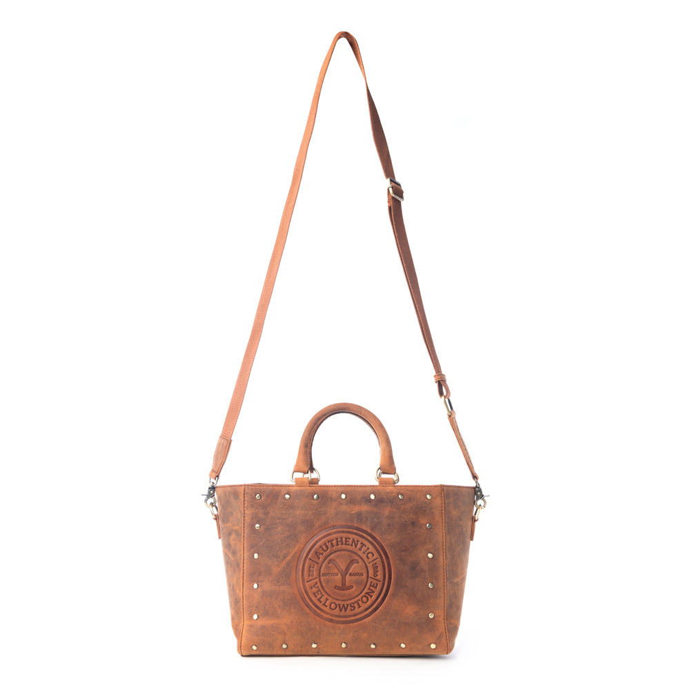 Yellowstone Valley Soul Studded & Embossed Tote Leather Bag in Amber - Myra USA