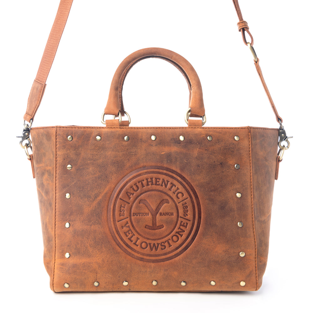 Yellowstone Valley Soul Studded & Embossed Tote Leather Bag in Amber - Myra USA