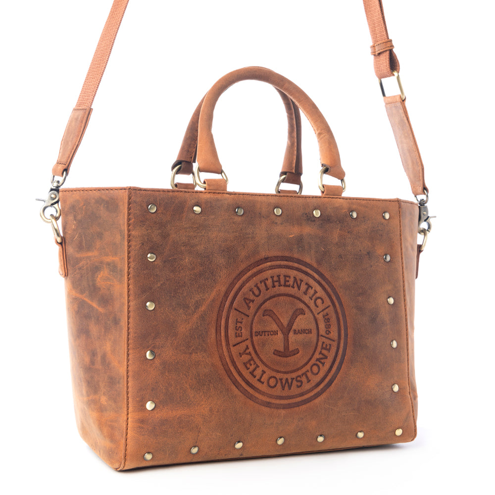 Yellowstone Valley Soul Studded & Embossed Tote Leather Bag in Amber - Myra USA