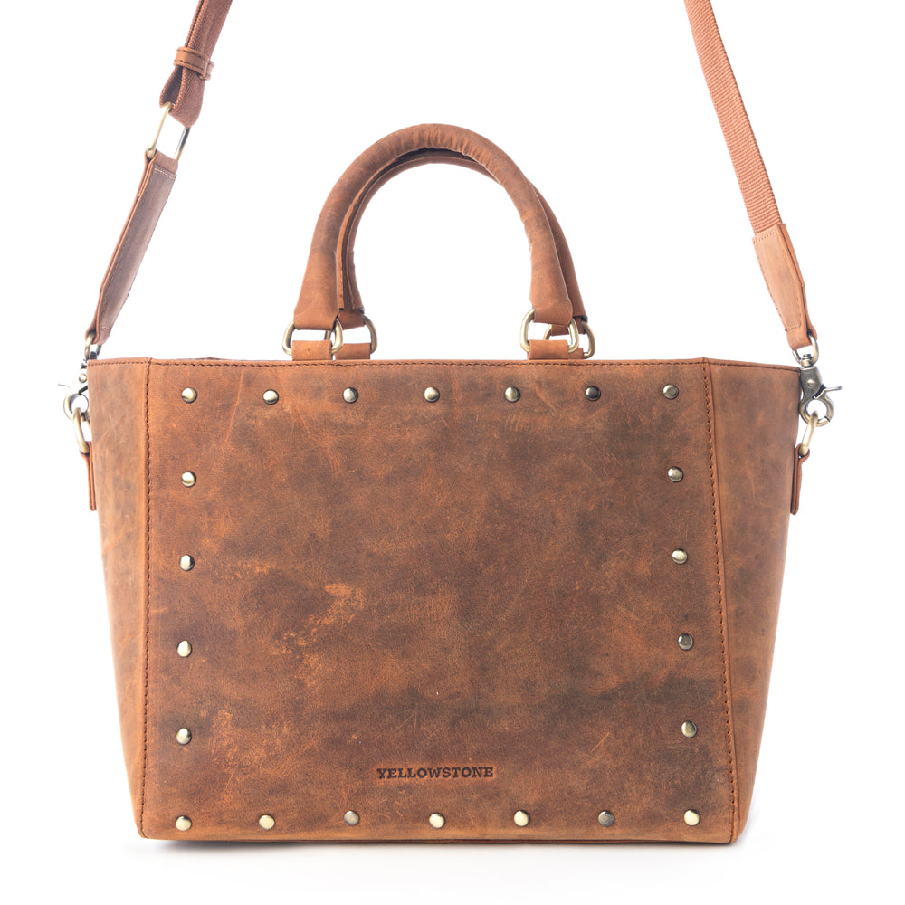 Yellowstone Valley Soul Studded & Embossed Tote Leather Bag in Amber - Myra USA