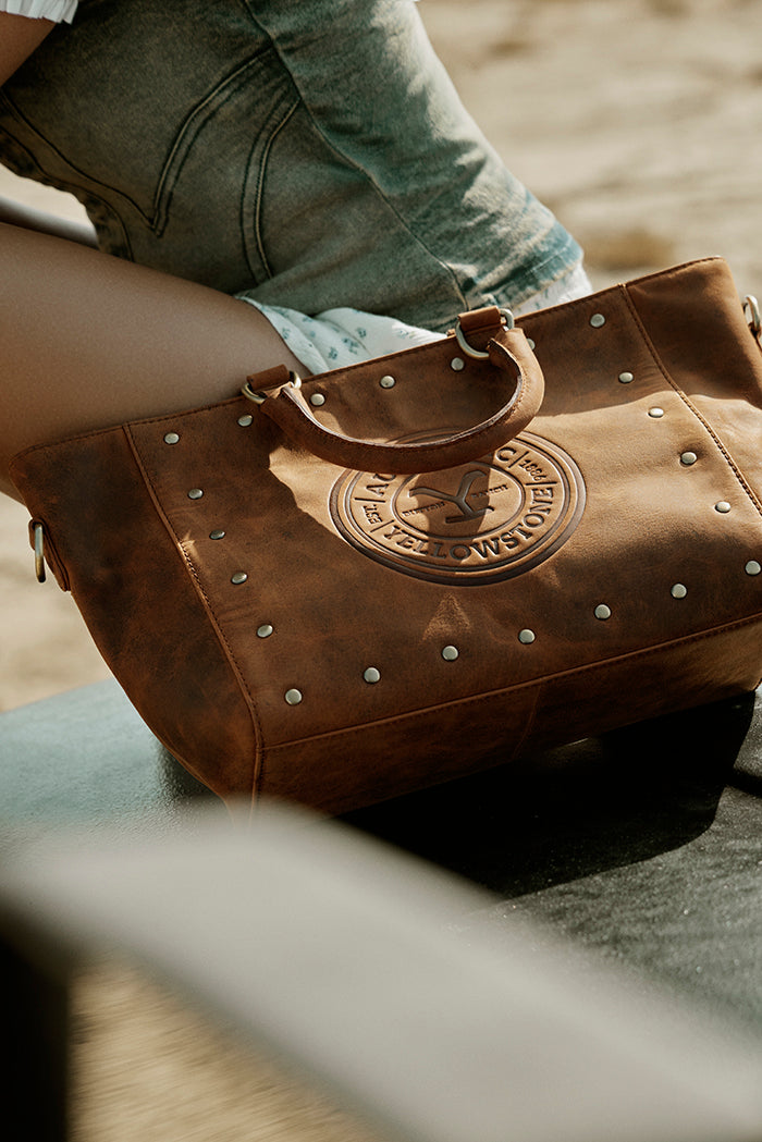Yellowstone Valley Soul Studded & Embossed Tote Leather Bag in Amber - Myra USA